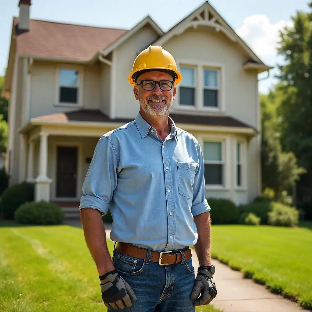 Ouvrier devant une maison, portant un casque de chantier, illustrant la gestion de la réputation d’entreprise et l’importance des avis Google dans le secteur du bâtiment